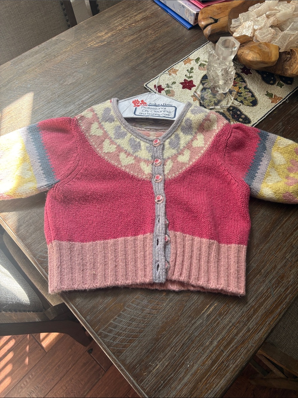 LoveShackFancy Pink and Yellow Patterned Colorblock Cardigan